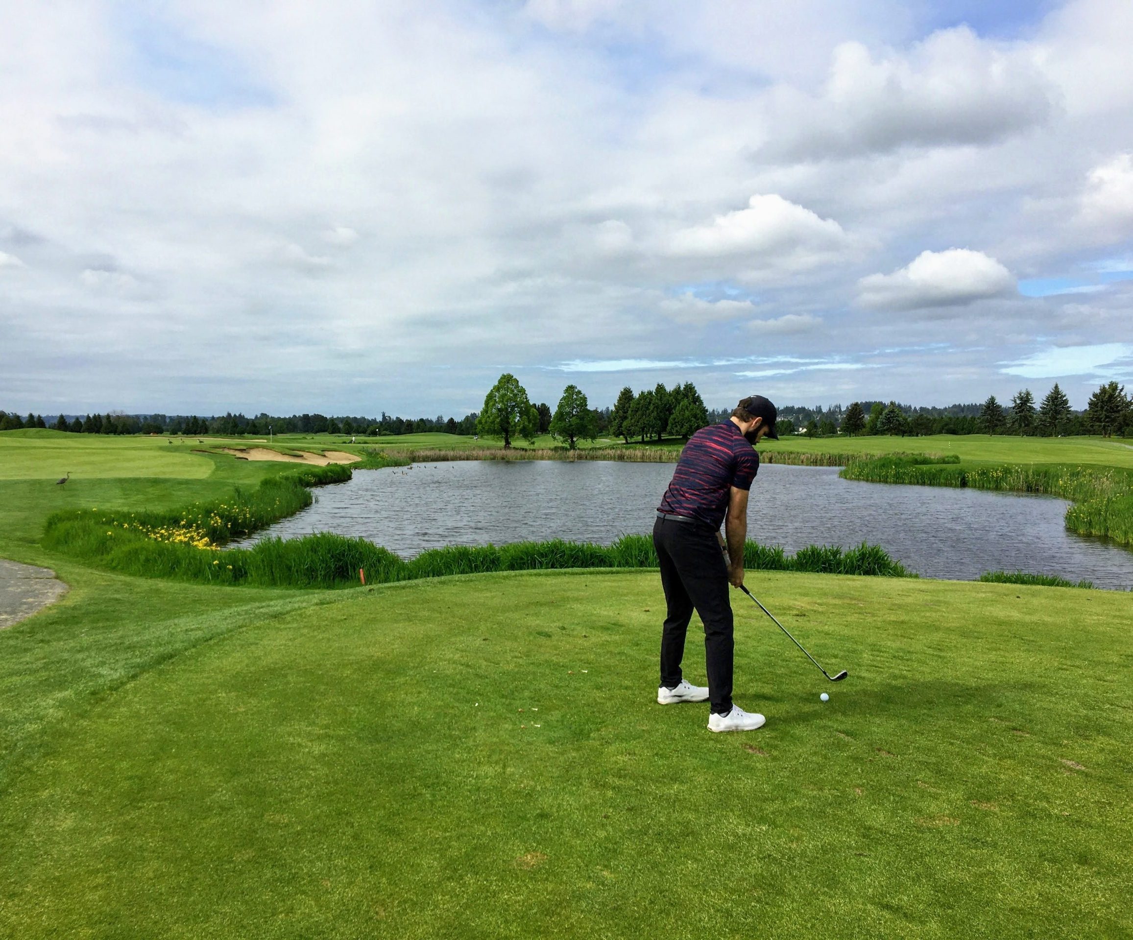 A golfer prepares to take a shot on a green golf course beside a pond under a partly cloudy sky.